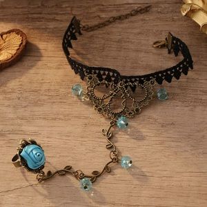 Eleanor ShuMark Gothic black lace teal rose bracelet /ring.NWT